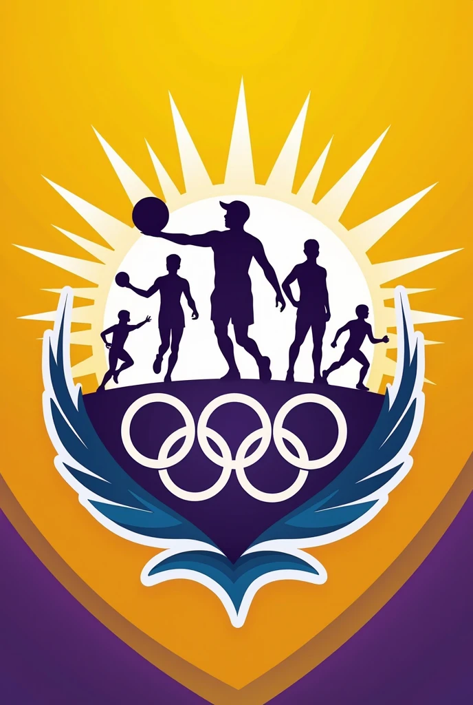 create a logo for school games with some elements of Olympic competition modalities in yellow and purple colors
