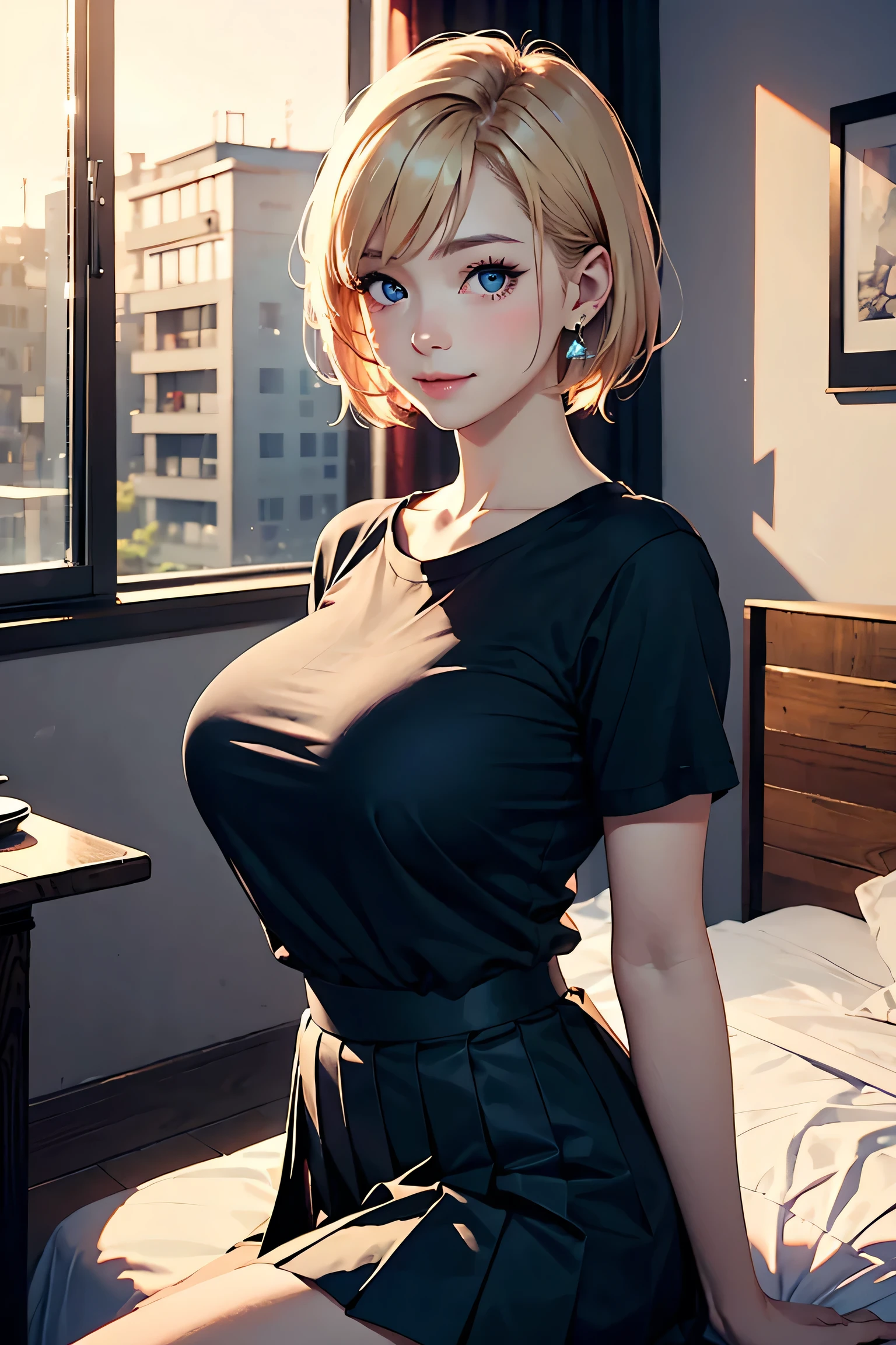 (masterpiece:1.2, Highest quality), (Realistic photos), Beautiful illustrations, (Natural side lighting, Cinema lighting),(1 person), Japanese, 20-year-old female, Perfect Face, Symmetrical cute face, Glowing Skin、Blonde Short Hair、Dark blue eyes, (Huge breasts:1.2), Slender build、Earrings、Beautiful Hair, Beautiful Face, Fine and beautiful eyes, Beautiful body, Beautiful breasts,(Black T-shirt、Pleated skirt)、smile、Blushing、whole body、Bedroom、Night view