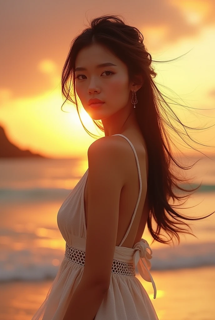 beautiful asian girl, sexy girl, detailed face, ultra detailed, hot body, (best quality, 8k, 32k, perfect body, ultra detailed body), beach, sunset, smiling, floral knotted split midi dress, looking at sun, photorealistic, high resolution, detailed skin, intricate details, warm lighting, vibrant colors, cinematic lighting, glowing skin, natural lighting, soft focus, depth of field, golden hour, detailed jewelry, flowing dress, windblown hair, elegant pose, serene expression, beautiful scenery, tropical paradise, beach sunset, stunning beauty, radiant skin, alluring gaze, graceful figure, captivating portrait