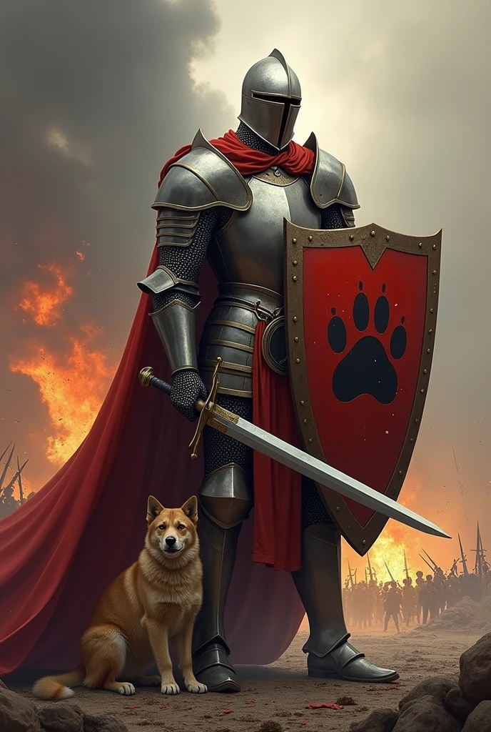 Knight with sword and shield symbol of paw prints in the middle of a war protects abandoned dog and cat