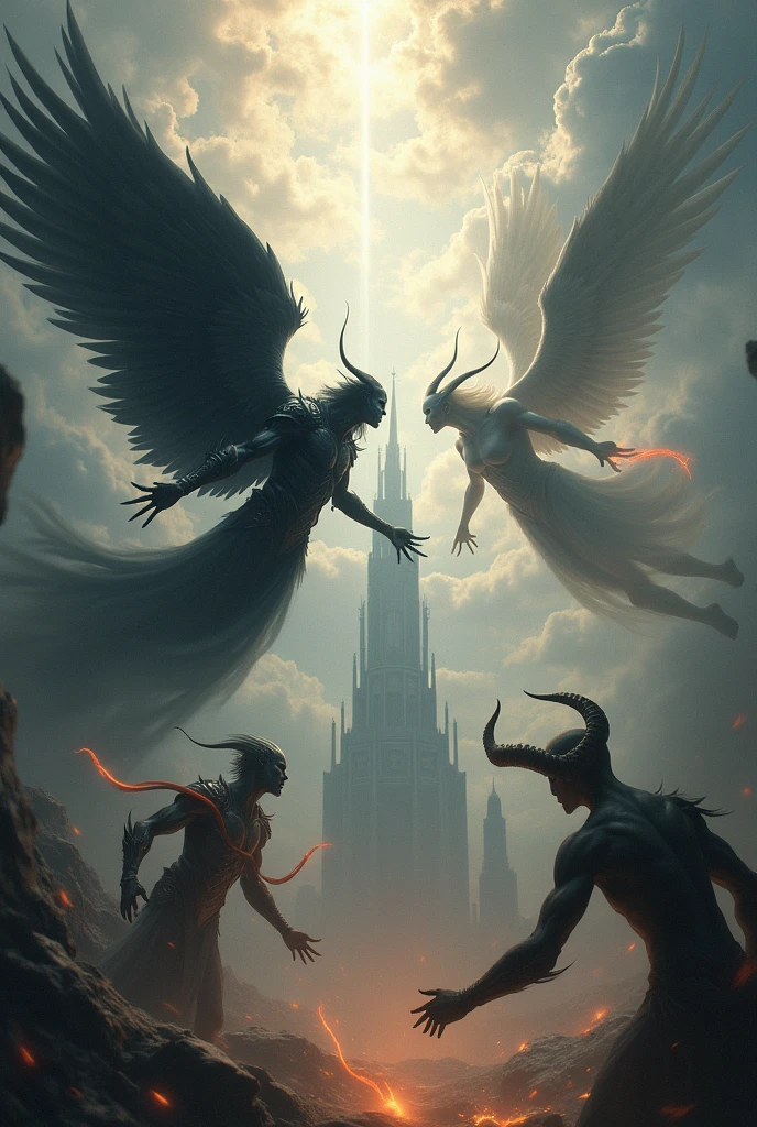 A black angels fighting white demons coming from heaven
