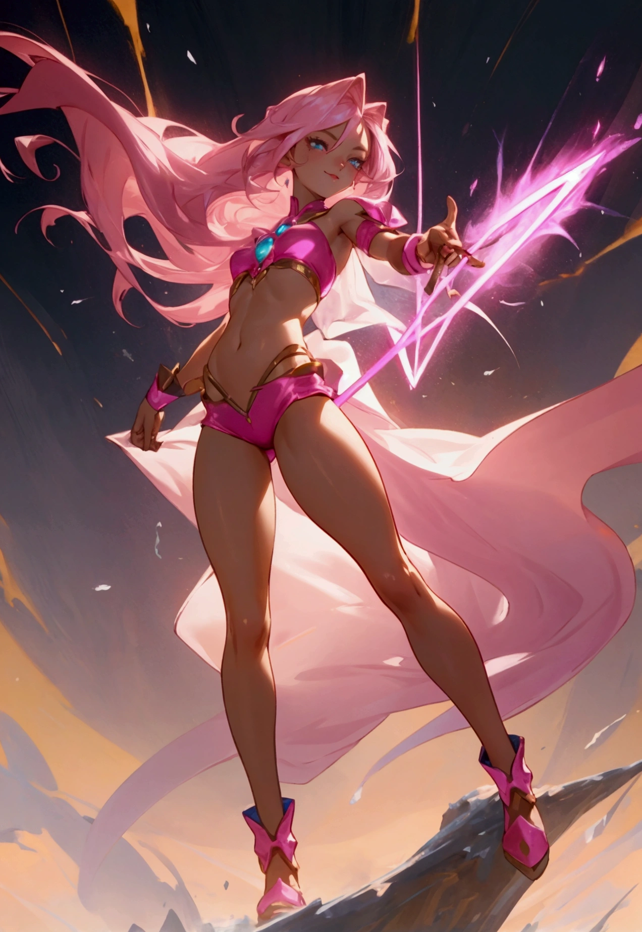 A highly detailed and clear full-body anime-style image of a dynamic and sexy young woman, standing confidently as she holds a glowing magical bow, ready to shoot an arrow. She is dressed in tight, pink spandex shorts with subtle metallic accents, paired with a short, cropped pink top that has a plunging neckline, revealing her toned midriff. Draped over her shoulders is a small, pink cape that flows slightly in the wind, adding elegance to her powerful presence. Her stance is slightly angled, with one hip jutting out and her weight shifted onto one leg, adding a sensual curve to her figure. Her long legs are athletic and strong, complementing her overall fit physique. Her boots are sleek and form-fitting, reaching just below her knees, with subtle, metallic details that match her outfit.
Her eyes are fierce, yet a playful, seductive smile graces her lips, enhancing her allure. Her long hair cascades down her back, flowing freely in the wind, adding to her wild and untamed beauty. The magical bow in her hands emits a swirling, mystical aura, drawing attention to the weapon's glowing energy.
The background is a vibrant fantasy landscape, with a colorful, dramatic sky at dusk, filled with warm and cool tones that highlight her figure. Soft, warm lighting accentuates her curves and creates gentle shadows that emphasize her athletic build. The overall scene is sharp, richly detailed, and full of vivid colors, staying true to the high-quality anime art style."
This full-body concept includes all the requested details, ensuring the character is portrayed as sexy, powerful, and detailed.