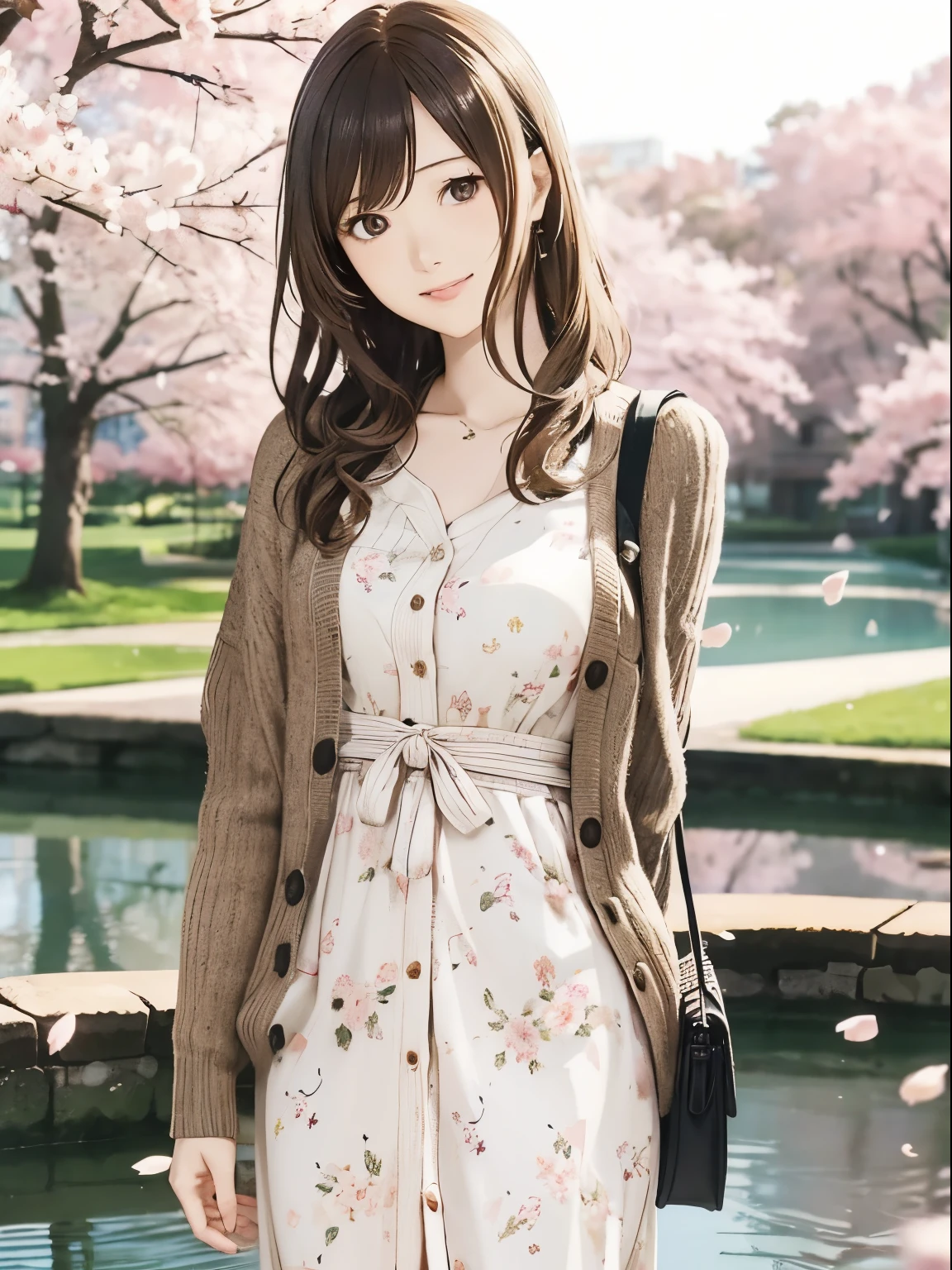 High resolution, 8k, Highest quality, detailed, Semi-realistic anime, Anime 3D Style, Smooth anime CG, One Girl, A 20-year-old Japanese woman, slim, Modeled, Shiny brown hair, detailedな顔, Beautiful and detailed, Glowing Skin, Hard Focus、Film Grain, Soft lighting, (A woman wearing a floral dress and cardigan),A spring park with cherry blossom petals falling、Enjoying a picnic by the pond