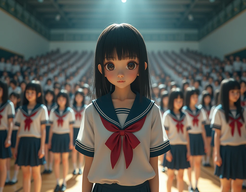 (Japanese Clone-girls=Myself), (Super Best masterpiece Clone-girls Raw Photography Art), (16K, Highest quality, Ultra-high resolution, RAW Photos), (It's so unrealistic., With unparalleled depiction, With an unfathomable sight, An unprecedented and shocking worldview, Clone-girls: In a world of mass reproduction, Ultra-realistic), (Japanese Girls, 16yo, Small face, Thick black hair, long hair, Dark Eyes, Mature face, かわいいsmile, Smiling face, A gentle gaze, Very pleasant look), (Very beautiful detailed girls, Accurate body structure, Accurate body movements, Very detailed body, (Super big breasts, Large bulge of ample breasts)), (Schoolgirl uniform, Short sleeve, mini skirt, Emphasise the fullness of your breasts), (Very detailed, Myself cloning, Depiction of splitting oneself, 1Myself girl→1,000,000,000,000,000,000,000,000,000,000Myself cloning girls), (Very detailed and intricate, Myself clone-girlsから, Myself's body is multiplying, A perfectly matched depiction, (In the same female body,With the same face, With the same hairstyle, In the same clothes, At the same height, 同じSuper big breasts)), (Myself girls only), Academy, gym, stage, academic level, Commemorative photo depiction, Group photo, Tiered stage photography, smile, Ultra-wide field of view