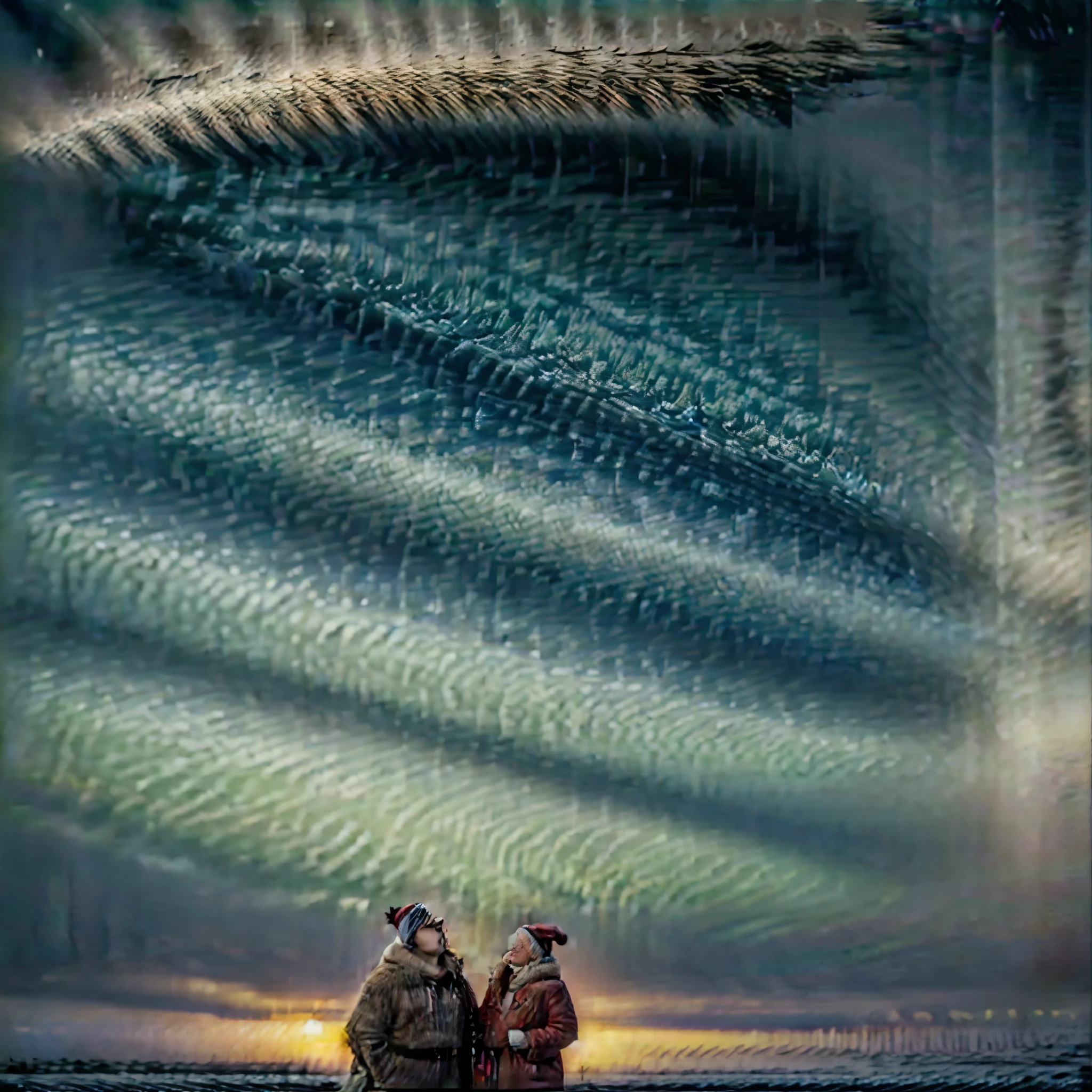 Create a highly detailed and extremely high-quality image of a person standing beside Santa Claus at the North Pole. The scene should be set in a snowy, winter wonderland with the Northern Lights glowing in the sky. The person, Natan Rodrigues, is dressed warmly in winter clothes with a stylish jacket, gloves, and a cozy hat, smiling happily. Santa Claus is dressed in his classic red suit, with a jolly expression, standing next to Natan. The snow is falling gently, covering the ground in a thick, soft blanket. In the background, there are some snow-covered trees and a few reindeer grazing nearby. The entire scene should be well-lit, with the glow from the Northern Lights reflecting off the snow, creating a magical, festive atmosphere. The image must be incredibly sharp, with every detail of the snowflakes, clothing textures, and facial expressions rendered with precision.