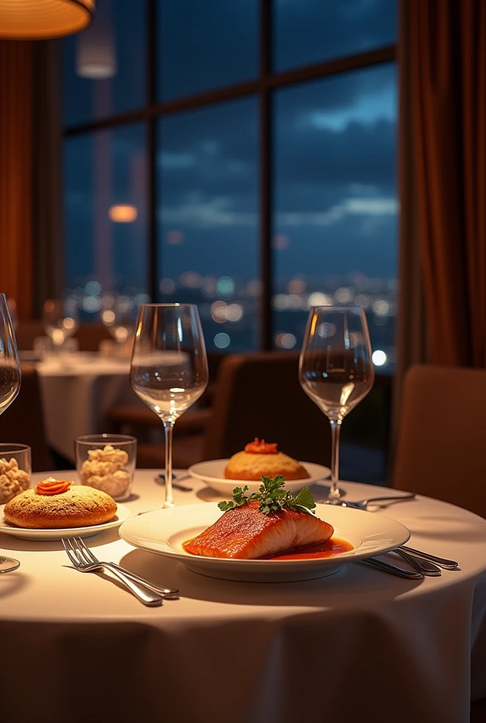 a table in a fancy restaurant with pan-fried salmon and some French pastries dark sky