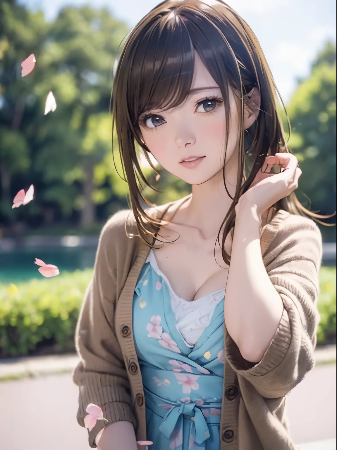 High resolution, 8k, Highest quality, detailed, Semi-realistic anime, Anime 3D Style, Smooth anime CG, One Girl, A 20-year-old Japanese woman, slim, Modeled, Shiny brown hair, detailedな顔, Beautiful and detailed, Glowing Skin, Hard Focus、Film Grain, Soft lighting, (A woman wearing a floral dress and cardigan),A spring park with cherry blossom petals falling、Enjoying a picnic by the pond