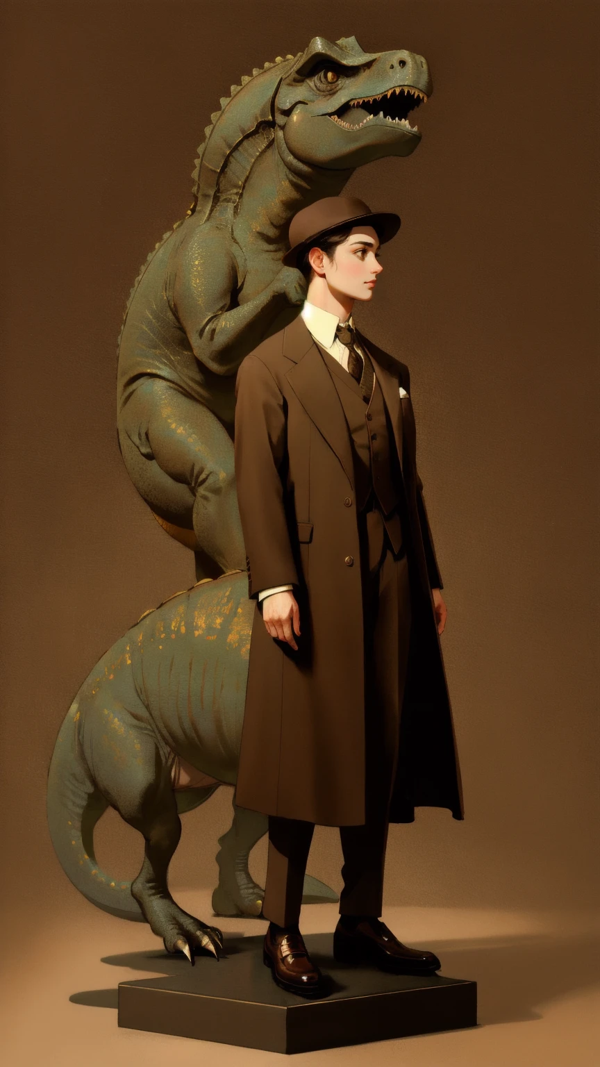 OG Crypto Dinosaur in a brown background: A beautiful, cute girl in a tailored vintage suit stands confidently on a pedestal in a grand museum setting. The scene is surrounded by onlookers dressed in old-fashioned attire, capturing the essence of history and tradition. The girl's outfit includes subtle dinosaur-themed accessories, embodying the 'OG Crypto Dinosaur' theme with a blend of sophistication and whimsy. The background features a classic, sepia-toned brown, giving the entire composition an antique, timeless feel, reminiscent of early 20th-century artwork.