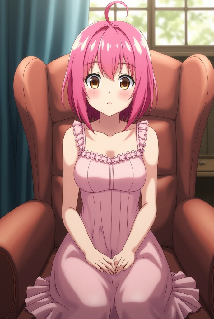 Jujutsu Kaizen screenshot. with pink hair and brown eyes amazed sitting on an armchair in a pink dress
