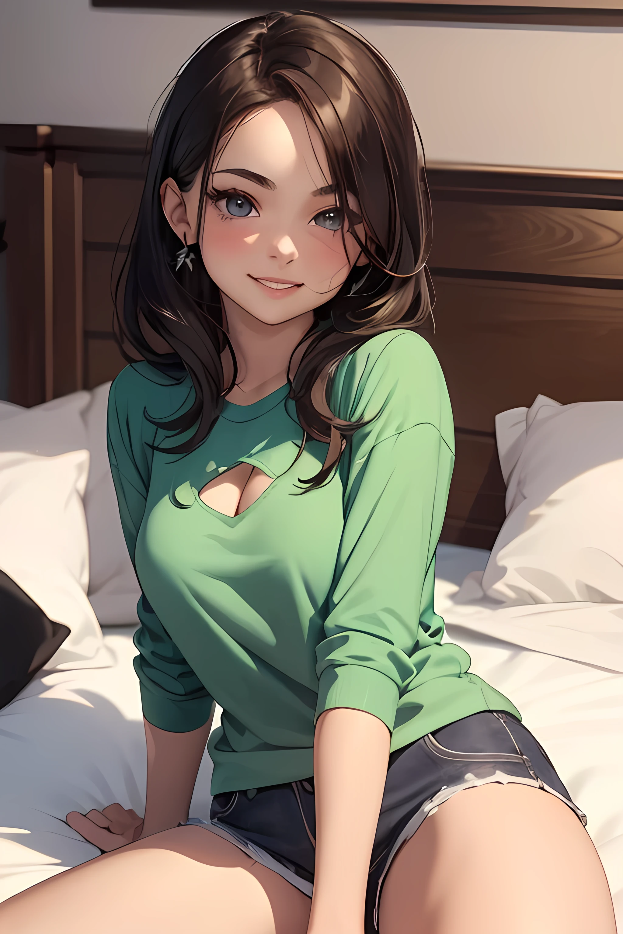 arab girl in green top, Sitting on the edge of the bed with spread legs, mattress sagging deep under her weight, isabela moner, alanis guillen, headshot profile picture, profile pic, cute beautiful, beautiful cute, fanart, avatar image, cute young girl, 8k selfie photograph, young and cute girl, beautiful young girl, youthful taliyah, young cute face, violet myers, beautiful smile