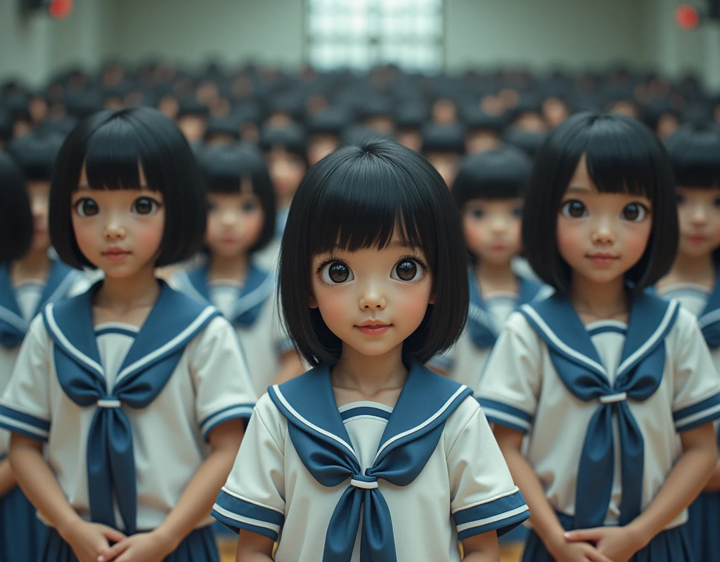 (Japanese Clone-girls=Myself), (Super Best masterpiece Clone-girls Raw Photography Art), (16K, Highest quality, Ultra-high resolution, RAW Photos), (It's so unrealistic., With unparalleled depiction, With an unfathomable sight, An unprecedented and shocking worldview, Clone-girls: In a world of mass reproduction, Ultra-realistic), (Japanese Girls, , Small face, Thick black hair, long hair, Dark Eyes, Mature face, かわいいsmile, Smiling face, A gentle gaze, Very pleasant look), (Very beautiful detailed girls, Accurate body structure, Accurate body movements, Very detailed body, (Super big breasts, Large bulge of ample breasts)), (Schoolgirl uniform, Short sleeve, mini skirt, Emphasise the fullness of your breasts), (Very detailed, Myself cloning, Depiction of splitting oneself, 1Myself girl→1,000,000,000,000,000,000,000,000,000,000Myself cloning girls), (Very detailed and intricate, Myself clone-girlsから, Myself's body is multiplying, A perfectly matched depiction, (In the same female body,With the same face, With the same hairstyle, In the same clothes, At the same height, 同じSuper big breasts)), (Myself girls only), Academy, gym, stage, academic level, Commemorative photo depiction, Group photo, Tiered stage photography, smile, Ultra-wide field of view