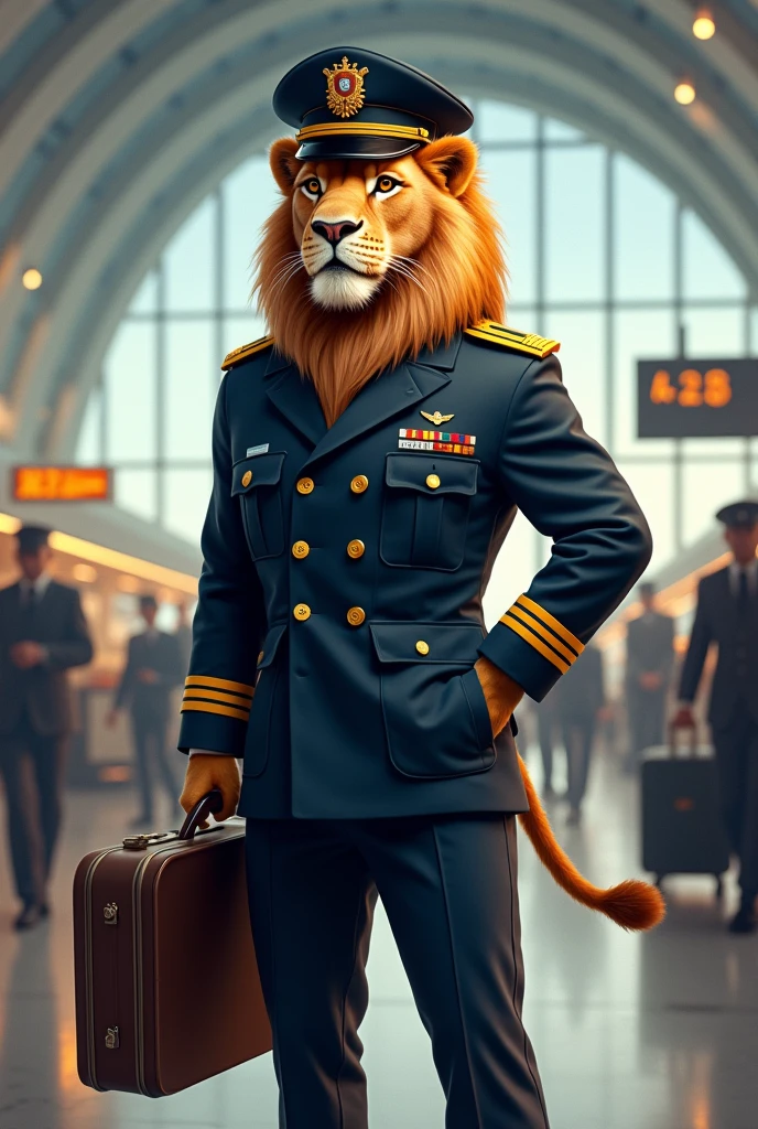 Lion as a pilot waring a uniform of a pilot and with a suitcase in a airport