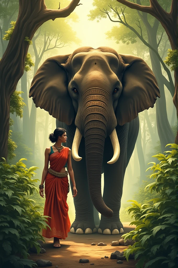 Indian young lady walking with asian tusker elephant in a jungle