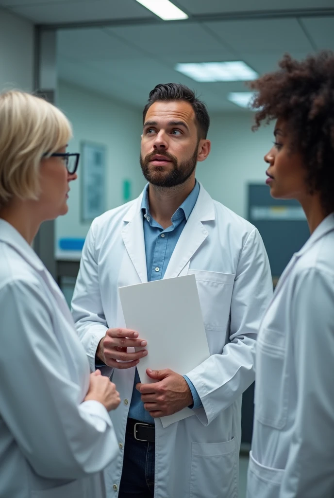 Three people are in the lab standing, they are wearing lab coats. One of them is early 60s woman, blonde short size hair and she is the auditor, holding some documents. One auditee is at early 30s man handsome with dark hair, beard and blue eyes, other auditte is middle early 40s woman with middle sized dark curly hair, hair not binded, eurasian, not afro. All three's faces are visible and look real people from pictures. They are in a company called Novonesis. They are talking to each other not looking at the camera