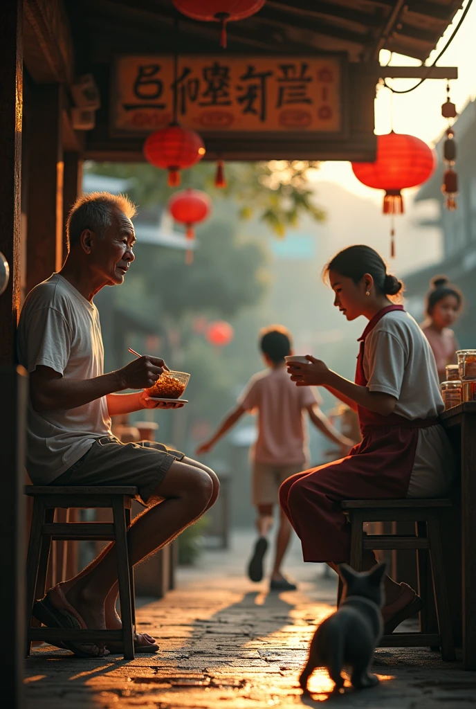 (Photorealism 1.2) high detailed definition cinematic cinematography old Chinese man wearing white t-shirt short trousers at old rusty wood coffee shop sitting drinking coffee bowl of noodles at table young women shop attendant servings customer kids running cat begging food wet floor morning mode sunlight silhouette at Malay old town Chinese noodle store