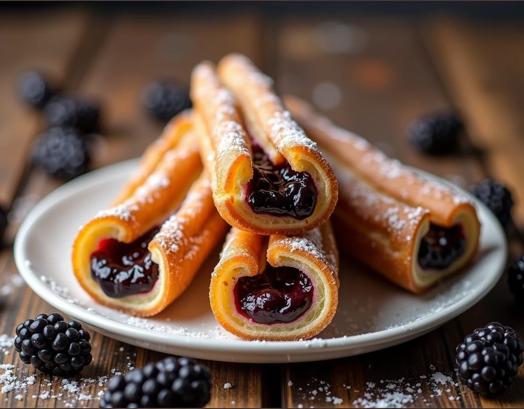 generates a very real image of two delicious and appetizing Spanish-style churros with thick blackberry jam filling on a white plate on a wooden table. There are some fresh blackberries next to the plate., some close and others out of focus. There is good lighting because it is a professional food photography for advertising.