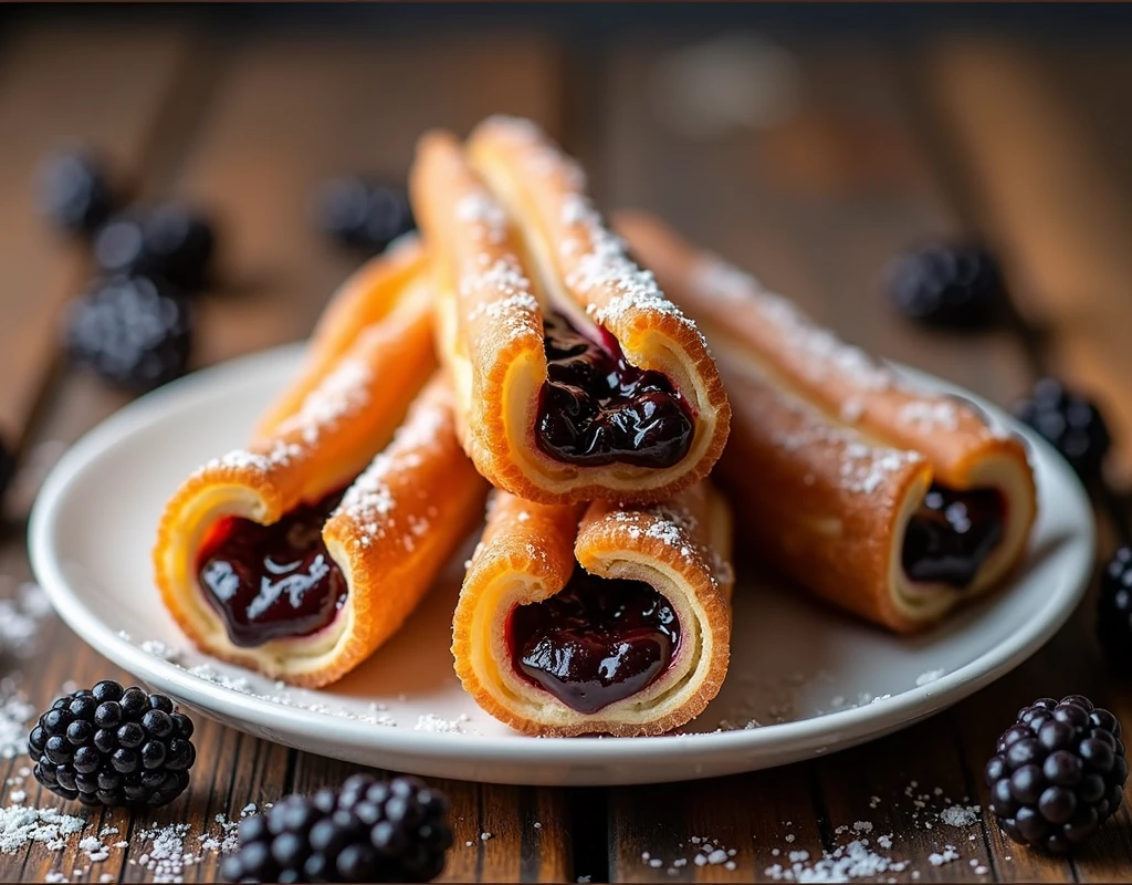 generates a very real image of two delicious and appetizing Spanish-style churros with thick blackberry jam filling on a white plate on a wooden table. There are some fresh blackberries next to the plate., some close and others out of focus. There is good lighting because it is a professional food photography for advertising.