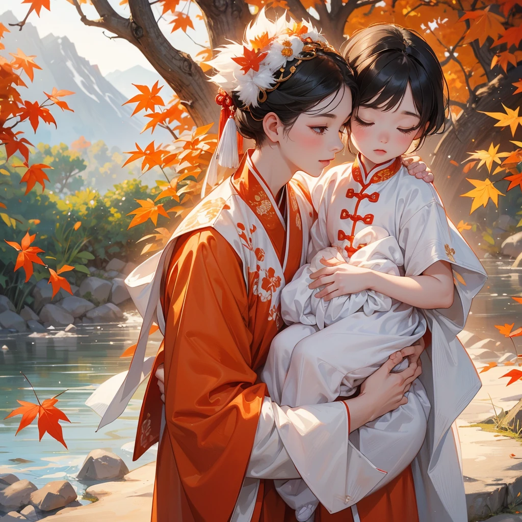 A one-year-old baby boy in white ancient Chinese baby costume with his beautiful mother, dressed in an ancient Chinese costume, The backdrop is a mountain that turns orange-red in spring, and maple leaves fall from the trees, playing with each other, with his handsome father standing next to his mother, close up