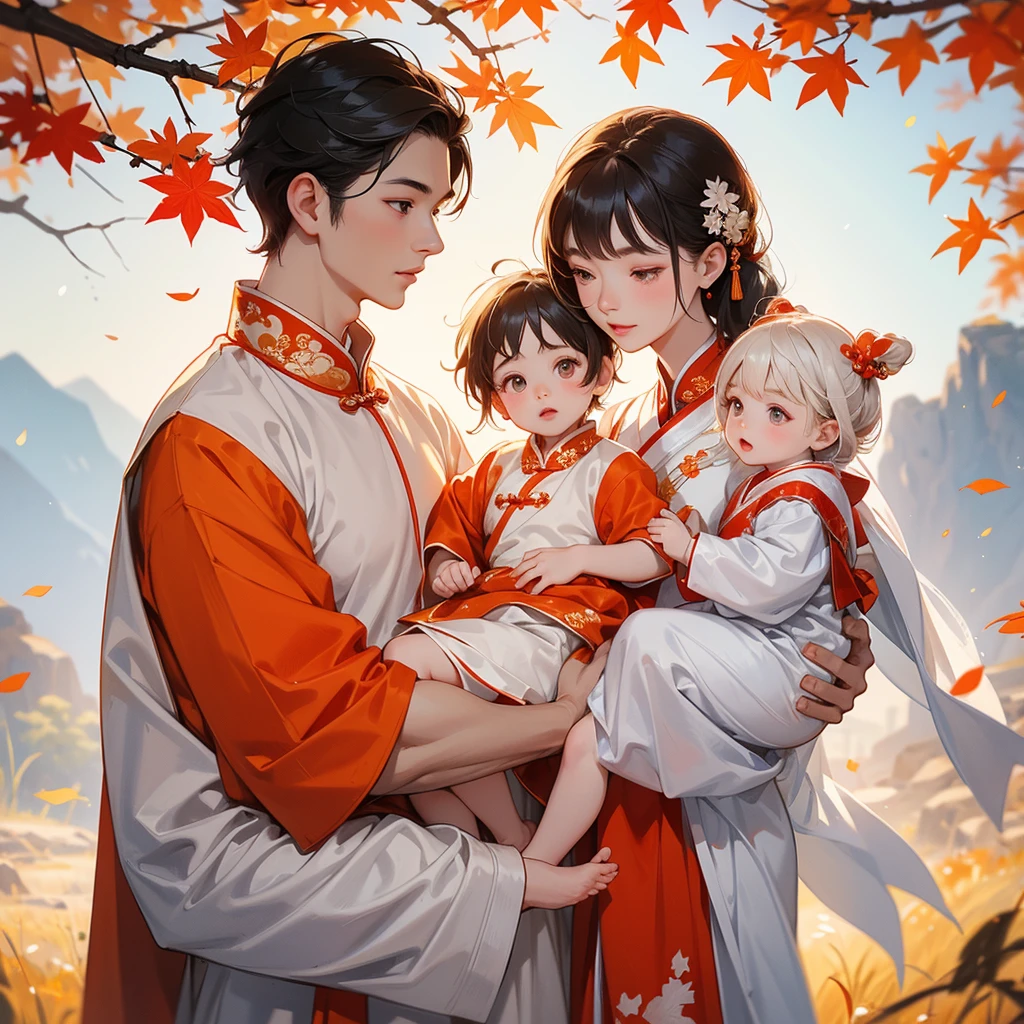 A one-year-old baby boy in white ancient Chinese baby costume with his beautiful mother, dressed in an ancient Chinese costume, The backdrop is a mountain that turns orange-red in spring, and maple leaves fall from the trees, playing with each other, with his handsome father standing next to his mother, close up