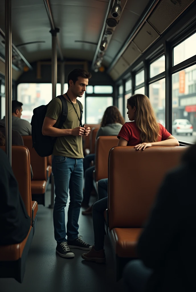 The man entered the bus and sat down next to the woman.