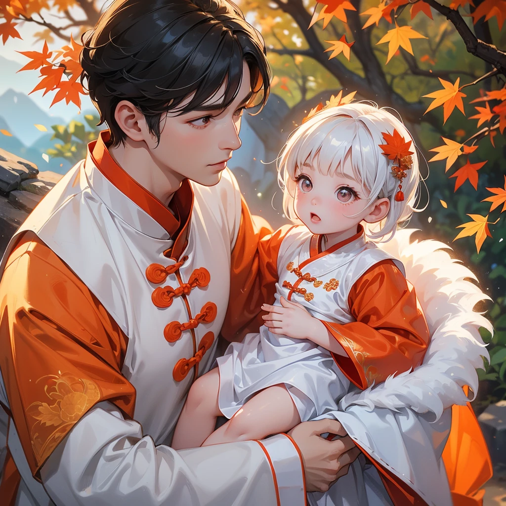 A one-year-old baby boy in white ancient Chinese baby costume with his beautiful mother, dressed in an ancient Chinese costume, The backdrop is a mountain that turns orange-red in spring, and maple leaves fall from the trees, playing with each other, with his handsome father standing next to his mother, close up