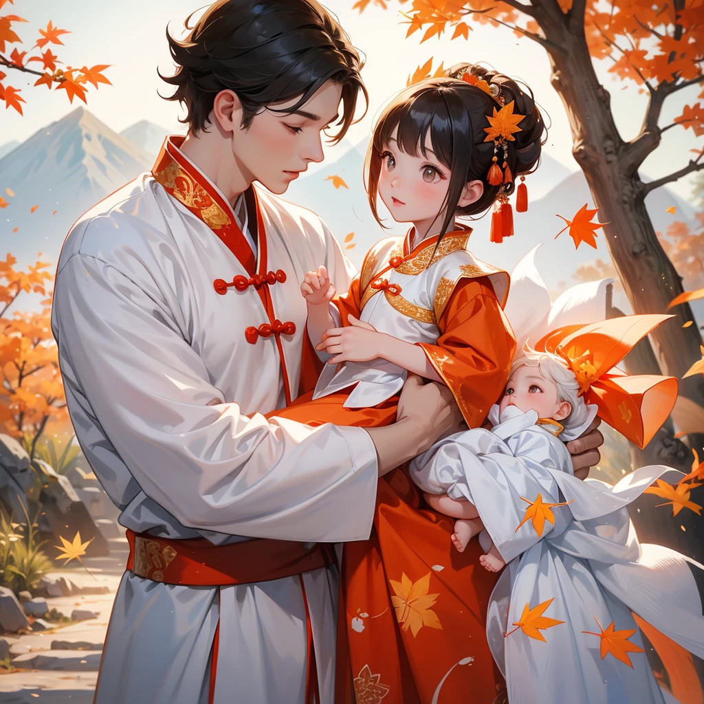 A one-year-old baby boy in white ancient Chinese baby costume with his beautiful mother, dressed in an ancient Chinese costume, The backdrop is a mountain that turns orange-red in spring, and maple leaves fall from the trees, playing with each other, with his handsome father standing next to his mother, close up