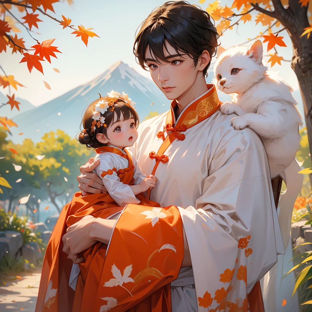 A one-year-old baby boy in white ancient Chinese baby costume with his beautiful mother, dressed in an ancient Chinese costume, The backdrop is a mountain that turns orange-red in spring, and maple leaves fall from the trees, playing with each other, with his handsome father standing next to his mother, close up
