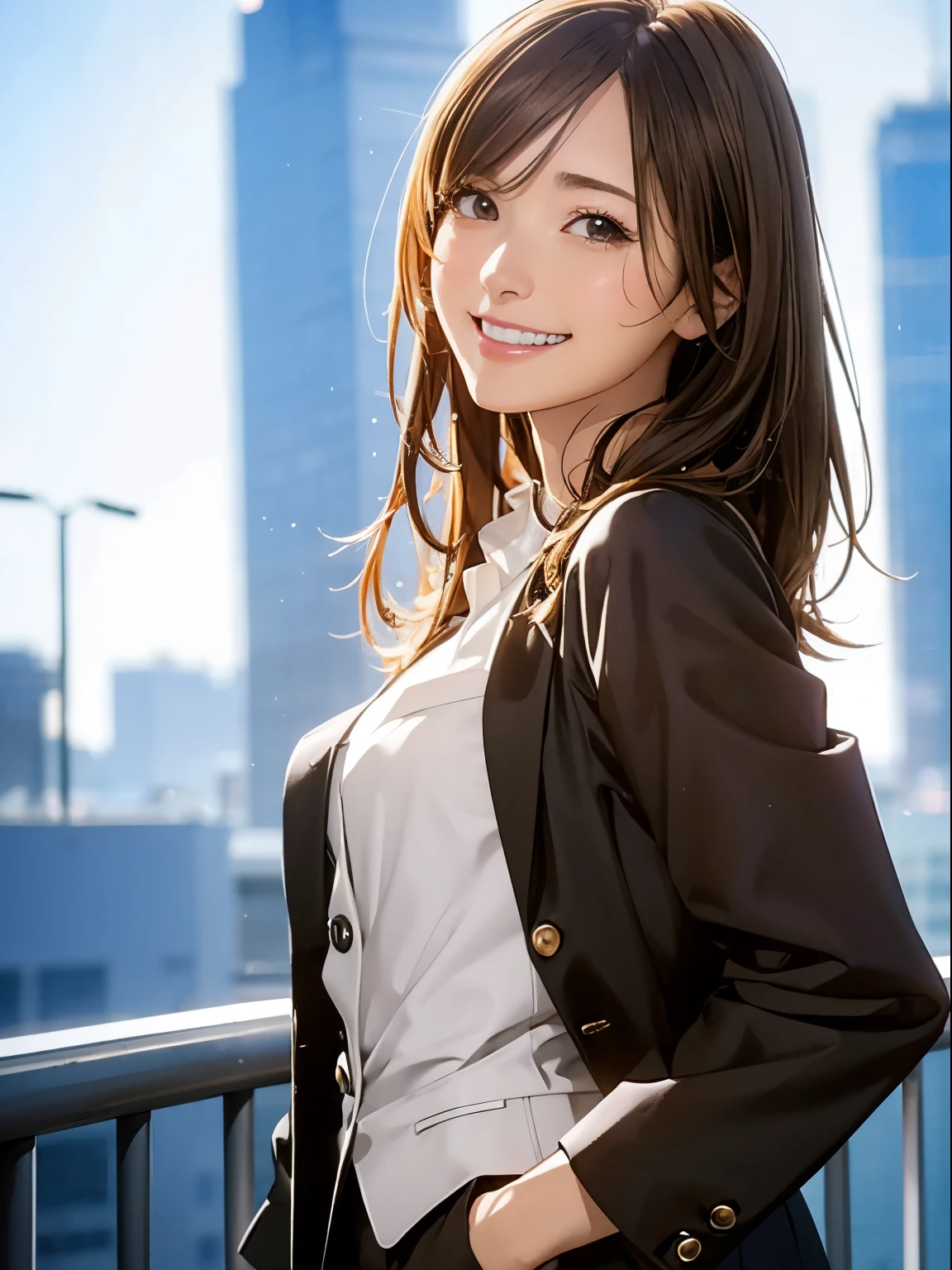 High resolution, 8k, Highest quality, detailed, Semi-realistic anime, Anime 3D Style, Smooth anime CG, One Girl, A 20-year-old Japanese woman, slim, Modeled, Shiny brown hair, detailedな顔, Beautiful and detailed, Glowing Skin, Hard Focus、Film Grain, Soft lighting, Looking at the audience, Laughter, (A woman wearing a formal jacket and pantsuit), A city lined with office buildings、A street where businessmen come and go