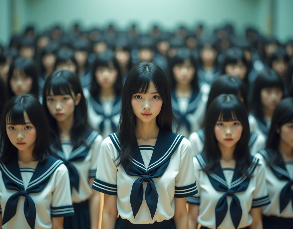 (Japanese Clone-girls=Myself), (Super Best masterpiece Clone-girls Raw Photography Art), (16K, Highest quality, Ultra-high resolution, RAW Photos), (It's so unrealistic., With unparalleled depiction, With an unfathomable sight, An unprecedented and shocking worldview, Clone-girls: In a world of mass reproduction, Ultra-realistic), (Japanese Girls, 16yo, Small face, Thick black hair, long hair, Dark Eyes, Mature face, かわいいsmile, Smiling face, A gentle gaze, Very pleasant look), (Very beautiful detailed girls, Accurate body structure, Accurate body movements, Very detailed body, (Super big breasts, Large bulge of ample breasts)), (Schoolgirl uniform, Short sleeve, mini skirt, Emphasise the fullness of your breasts), (Very detailed, Myself cloning, Depiction of splitting oneself, 1Myself girl→1,000,000,000,000,000,000,000,000,000,000Myself cloning girls), (Very detailed and intricate, Myself clone-girlsから, Myself's body is multiplying, A perfectly matched depiction, (In the same female body,With the same face, With the same hairstyle, In the same clothes, At the same height, 同じSuper big breasts)), (Myself girls only), Academy, gym, stage, academic level, Commemorative photo depiction, Group photo, Tiered stage photography, smile, Ultra-wide field of view
