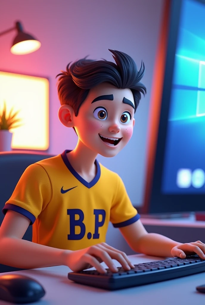 Create animation 30 year old boy using computer and his jersey name B.P