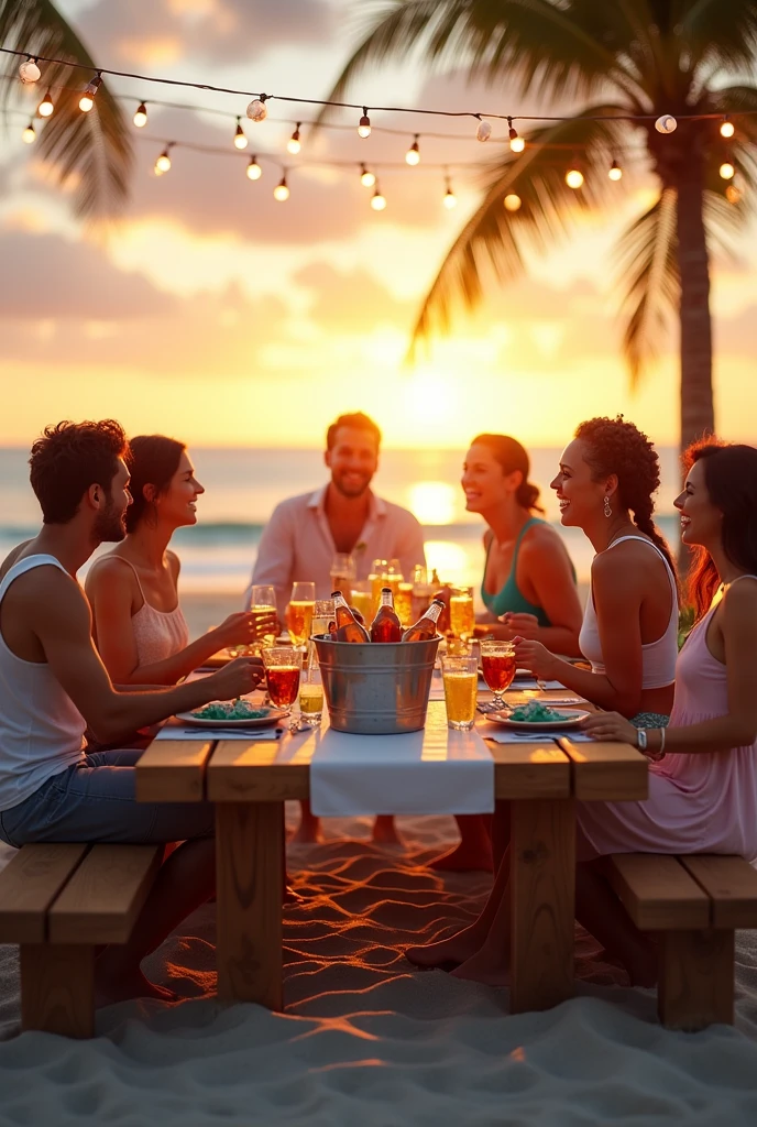 A picnic-style table with space for a beer bucket, benches on the sides, set in a beachy atmosphere of celebration with friends. Materials and shapes that combine with a comfortable and pleasant sunset on a beautiful beach.