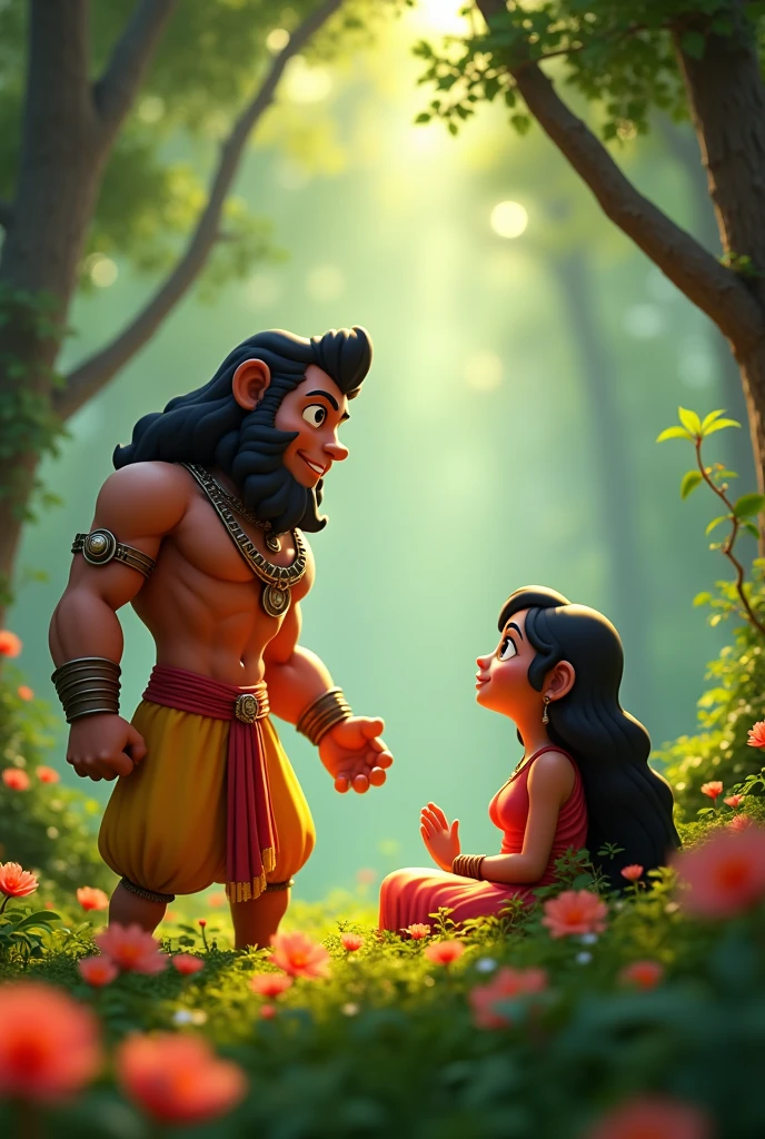 In cinematic 3d cartoon style "Scene: Hanuman meeting Sita in the Ashoka grove, where she is seated amidst the lush greenery of the grove, showing relief and hope upon meeting Hanuman.
These prompts capture the dramatic and emotional high points of the Ramayana story."