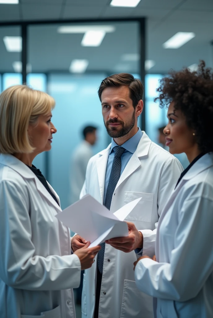 Three people are in the lab standing, they are wearing lab coats. One of them is early 60s woman, blonde short size hair and she is the auditor, holding some documents. One auditee is at early 30s man handsome with dark hair, beard and blue eyes, other auditte is middle early 40s woman with middle sized dark curly hair, hair not binded, eurasian, not afro. All three's faces are visible and look real people from pictures. They are in a company called Novonesis. They are talking to each other not looking at the camera