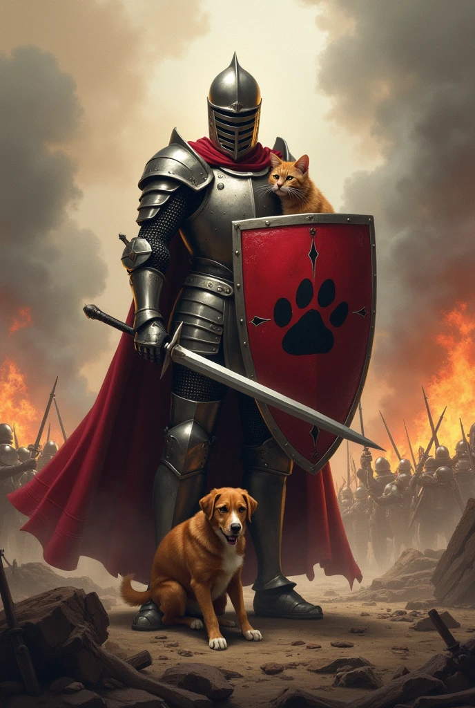 Knight with sword and shield symbol of paw prints in the middle of a war protects abandoned dog and cat