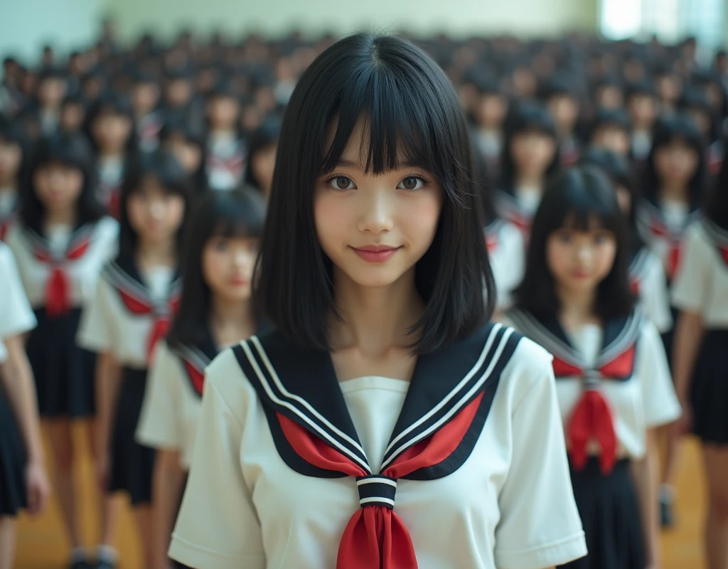 (Japanese Clone-girls=Myself), (Super Best masterpiece Clone-girls Raw Photography Art), (16K, Highest quality, Ultra-high resolution, RAW Photos), (It's so unrealistic., With unparalleled depiction, With an unfathomable sight, An unprecedented and shocking worldview, Clone-girls: In a world of mass reproduction, Ultra-realistic), (Japanese Girls, 16yo, Small face, Thick black hair, long hair, Dark Eyes, Mature face, かわいいsmile, Smiling face, A gentle gaze, Very pleasant look), (Very beautiful detailed girls, Accurate body structure, Accurate body movements, Very detailed body, (Super big breasts, Large bulge of ample breasts)), (Schoolgirl uniform, Short sleeve, mini skirt, Emphasise the fullness of your breasts), (Very detailed, Myself cloning, Depiction of splitting oneself, 1Myself girl→1,000,000,000,000,000,000,000,000,000,000Myself cloning girls), (Very detailed and intricate, Myself clone-girlsから, Myself's body is multiplying, A perfectly matched depiction, (In the same female body,With the same face, With the same hairstyle, In the same clothes, At the same height, 同じSuper big breasts)), (Myself girls only), Academy, gym, stage, academic level, Commemorative photo depiction, Group photo, Tiered stage photography, smile, Ultra-wide field of view