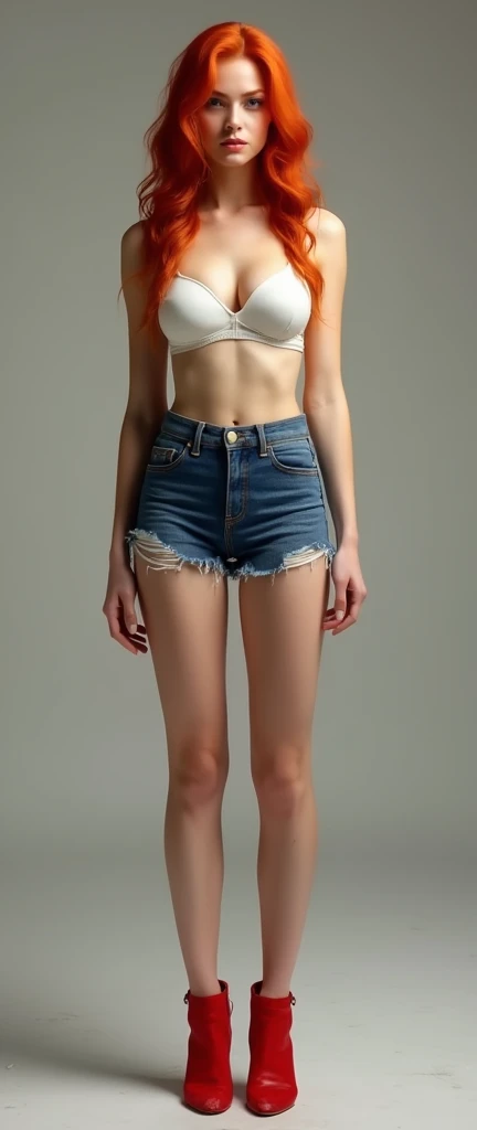 A woman in a ripped denim skirt, Red hair, white bra, 20cm red heel showing legs