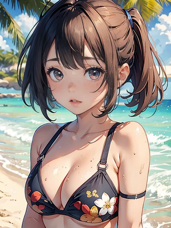 Highest quality, Masterpiece in anime style, (alone:1.1),T-shirt rolled up,Show off your flashy swimsuit,Summer beach, Laugh innocently, Sensual, Cute Freckles, Mole under the left eye, sexy,Sweeping the sand off the floor with your hands,Wet Hair,Sunburn,Blushing skin,The underboob is visible,B cup,