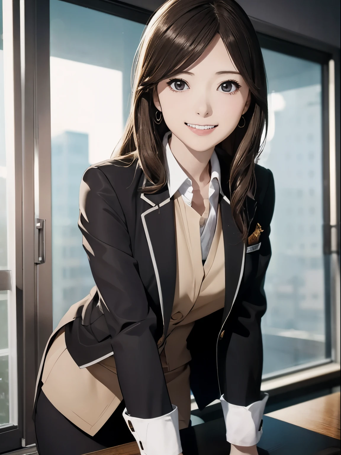 High resolution, 8k, Highest quality, detailed, Semi-realistic anime, Anime 3D Style, Smooth anime CG, One Girl, A 20-year-old Japanese woman, slim, Modeled, Shiny brown hair, detailedな顔, Beautiful and detailed, Glowing Skin, Hard Focus、Film Grain, Soft lighting, Looking at the audience, Laughter, (A woman wearing a formal jacket and pantsuit), A city lined with office buildings、A street where businessmen come and go