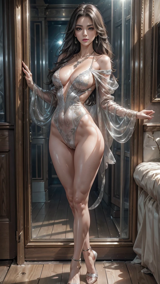 (((lfull body:1.25))), (RAW shooting, Photoreal:1.5, 8K, highest quality, ultra high resolution), Very gorgeous woman 30 years old with a perfect figure, incredibly slim body, fair skin, high detailed texture skin, elegant features, wet dark brown long length hair, clear and very detailed eyes, thin eyebrows, eyeline, bright and well-drawn pink lips, perfect teeth, beautiful and well-defined facial features, long and thin neck, medium breasts, little ass, slender and very harmonious body, long and tapered legs, erotic:1.6, seductive expressions, porn, nude, sexy, grimace of excitement, ((wearing (high detailed clothing))), ((wearing expensive showy diamond necklaces and earrings)), (Background with:the rainforest), , face light, cinematic lighting, studio lighting, white balance, bright vivid colors, chiaroscuro, depth of field, reflection light, backlighting, drop shadow, Fujicolor, anatomically correct, accurate, super detail, best quality, Canon EOS 5D, 50mm, f1.2, masterpiece, daylight,