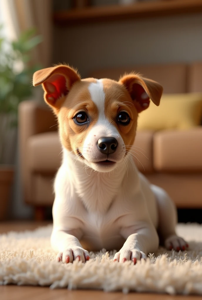 a cute jack russell terrier, light brown fur all over body, perked up ears, adorable expression, affectionate actions, loving behavior, living room interior background, (best quality,4k,8k,highres,masterpiece:1.2),ultra-detailed,(realistic,photorealistic,photo-realistic:1.37),HDR,UHD,studio lighting,ultra-fine details,sharp focus,physically-based rendering,professional,vivid colors,warm lighting