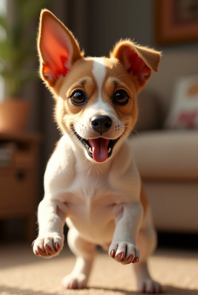 a cute jack russell terrier, light brown fur all over body, perked up ears, adorable expression, affectionate actions, loving behavior, living room interior background, (best quality,4k,8k,highres,masterpiece:1.2),ultra-detailed,(realistic,photorealistic,photo-realistic:1.37),HDR,UHD,studio lighting,ultra-fine details,sharp focus,physically-based rendering,professional,vivid colors,warm lighting