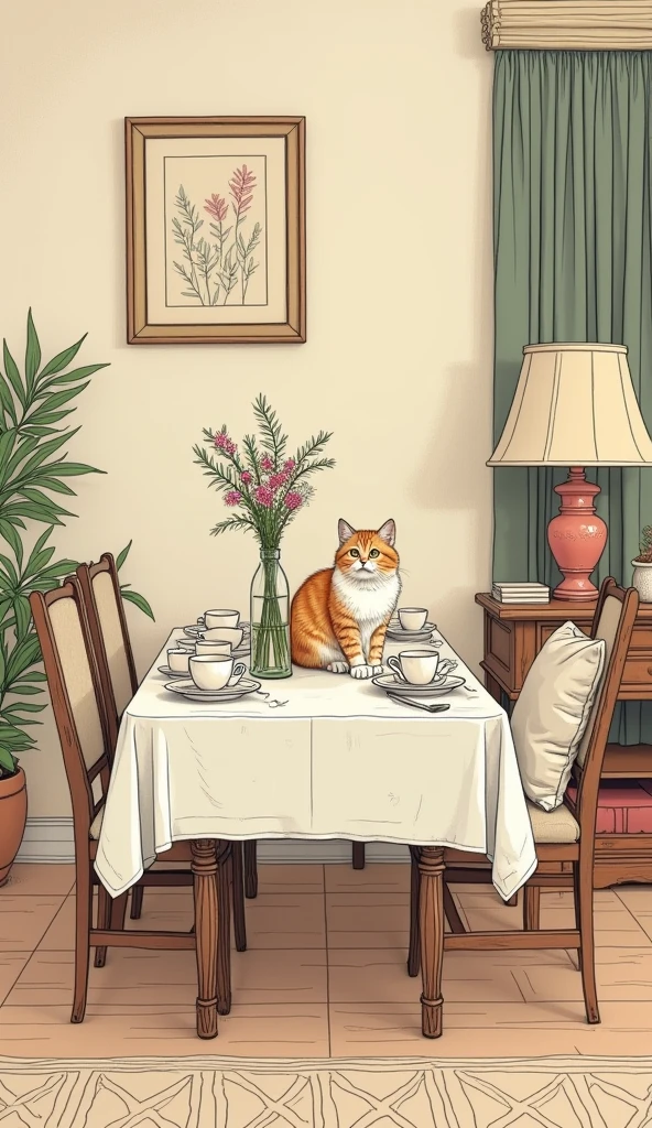 A dining table in the living room with a bottle of flowers, a cat, a tea set, a mug, vintage, line art,