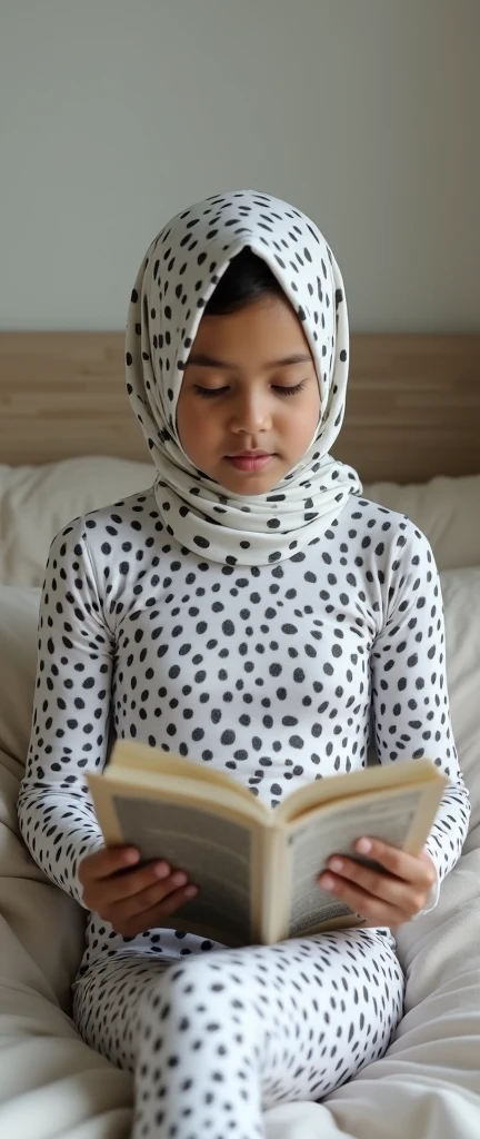 The most beautiful,thin,clever and most pretty nineteen years old Malaysian muslimah girl wears white leopard print lycra turtleneck unitard catsuit covered with spots.She always wear leopard print cotton dancewear stretchy square hijab covered with spots.She sits on the bed and reads a lot of newspapers.