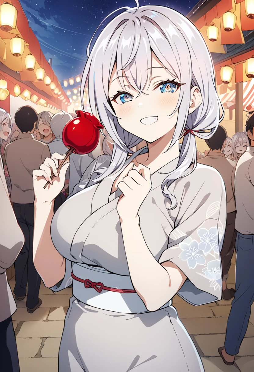 alisa_mikhailovna, masterpiece, high-quality illustration, 16k resolution, beautiful, delicate details, Japanese anime style, Alya Kujou, Alisa Mikhailovna Kujo, enjoying festival, eating candy apple, happy expression, crowded festival, joyful people, vibrant atmosphere, food stalls, paper lanterns, night sky, starry sky, clear weather, large breasts, slim waist, fair and beautiful skin,  figure, silver hair, fine hair texture, beautiful, summer festival yukata, no accessories, charming smile, cute face, mesmerizing eyes, detailed face, elegant expression