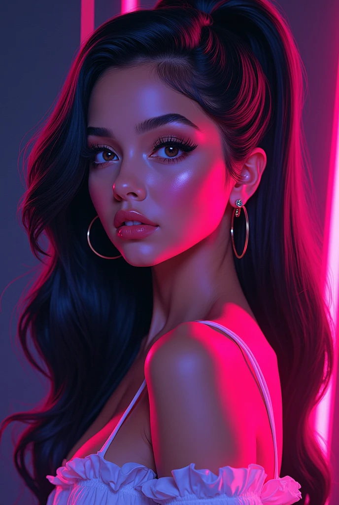 Fluorescent Color, 1 girl, Ariana Grande look a like, Pretty Face, beautiful eyes, (Shoulder: 1.2), Upper Body, Shiny hair, Glowing skin, Reduce glare emissions, The fingers are in good proportion, dark, Throw, Dynamic Angle, (((Main Part))), (((Better quality))), ((Ultra Detailed)), (illustration), (Detail Light), ((Extremely exquisite and beautiful)), dramatic_shadow, Rays_track, reflection, Ultra-high resolution, laser
