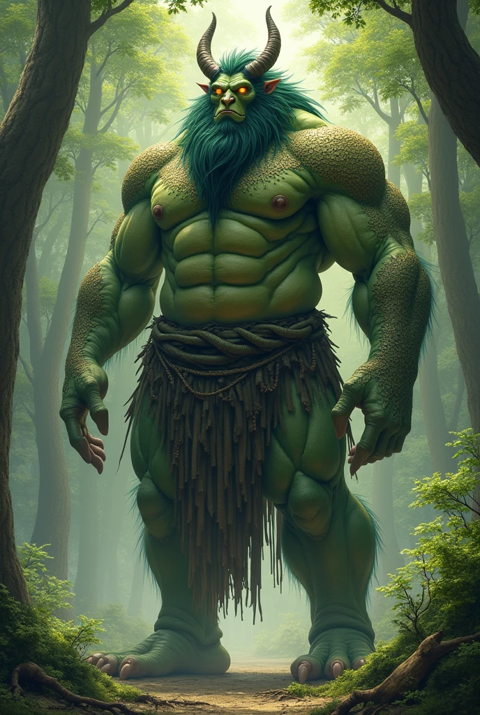 

**age:** 800 years

**height:** 12 meters tall, he has a medium-sized body with well-proportioned strong muscles. His skin is a light green color similar to that of trees, with scales like the scales of trees and golden fibers glistening on his skin. He has a solemn face and dark green hair. His golden yellow eyes shine like stars. He has small and long horns on his head.

**personality:** Ajintharak is a giant who is calm and fair. He is usually a calm and patient person, but he will stand up to protect nature and those who respect it. He has a friendly attitude towards those who come to him for advice or help in caring for nature and the land.