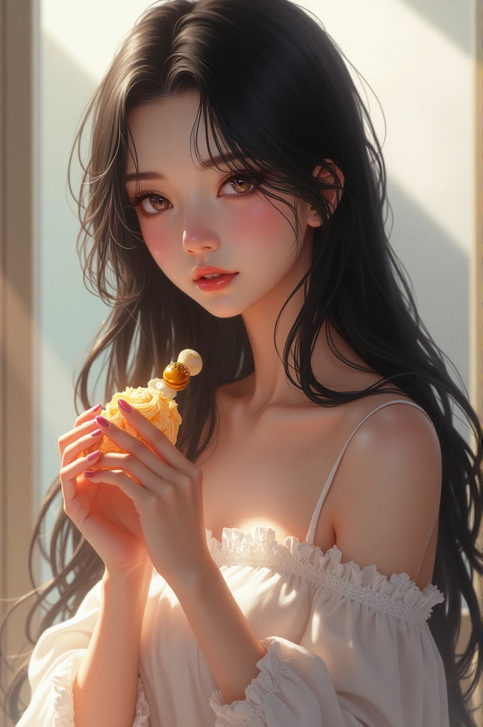 Young woman with long straight black hair holding a seemingly very tasty snack