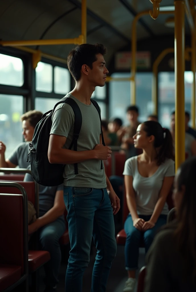 The man entered the bus and sat down next to the woman.