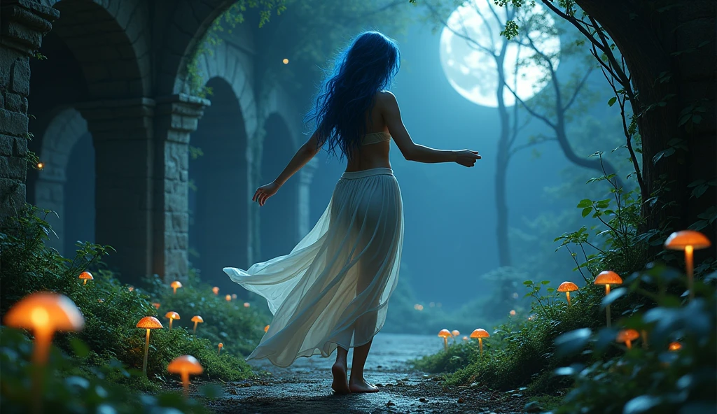 Setting: A mystical, moonlit glade deep within the forest, where an alluring elf dances gracefully under the stars.
Description: The elf has lustrous, dark blue hair and wears a revealing, flowing dress made of silk and moonlight. Her movements are fluid and graceful, and her skin has a faint, ethereal glow. She dances barefoot on a carpet of soft moss, surrounded by glowing mushrooms and twinkling starlight. The background features ancient stone arches entwined with vines, with the full moon casting a gentle light over the scene. The entire setting exudes tranquility and otherworldly beauty, creating an ideal atmosphere for focus and relaxation. Aim for realistic depiction, make sure photos are at highest resolution (8K)