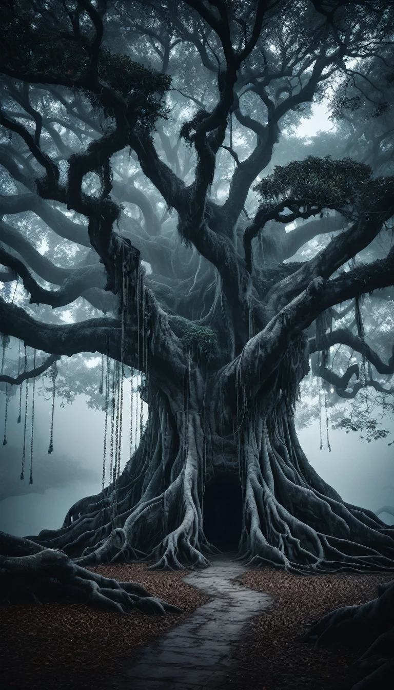 Eerie, misty moonscape with a twisted ancient banyan tree. A sorrowful man (Cuoi) bound to the tree by glowing ethereal chains. Dark, atmospheric lighting. Surreal, gothic style. 8K resolution.